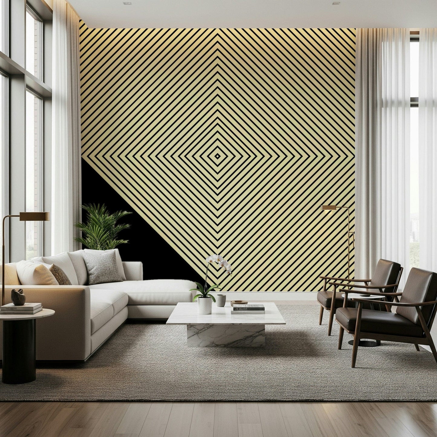 A high-contrast geometric wallpaper featuring a large diamond shape built from parallel diagonal lines.