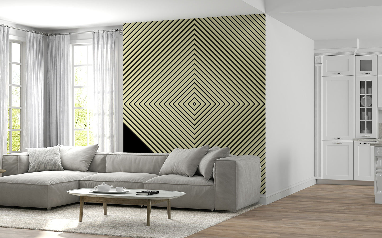 Bold black-and-cream diagonal lines forming a sharp diamond peak in this abstract wallpaper design.