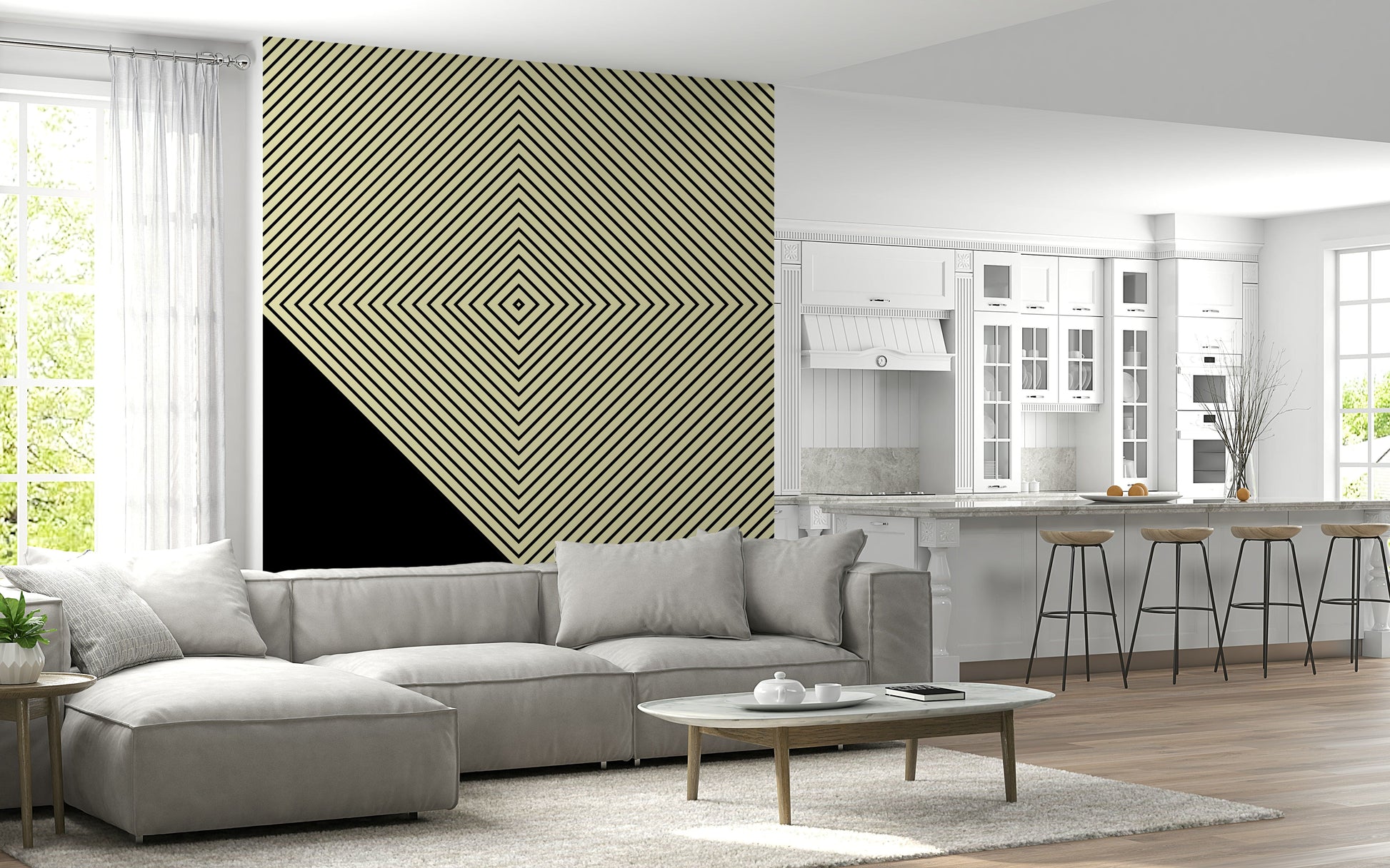 A striking monochrome wallpaper featuring concentric diagonal lines forming a bold diamond peak pattern.