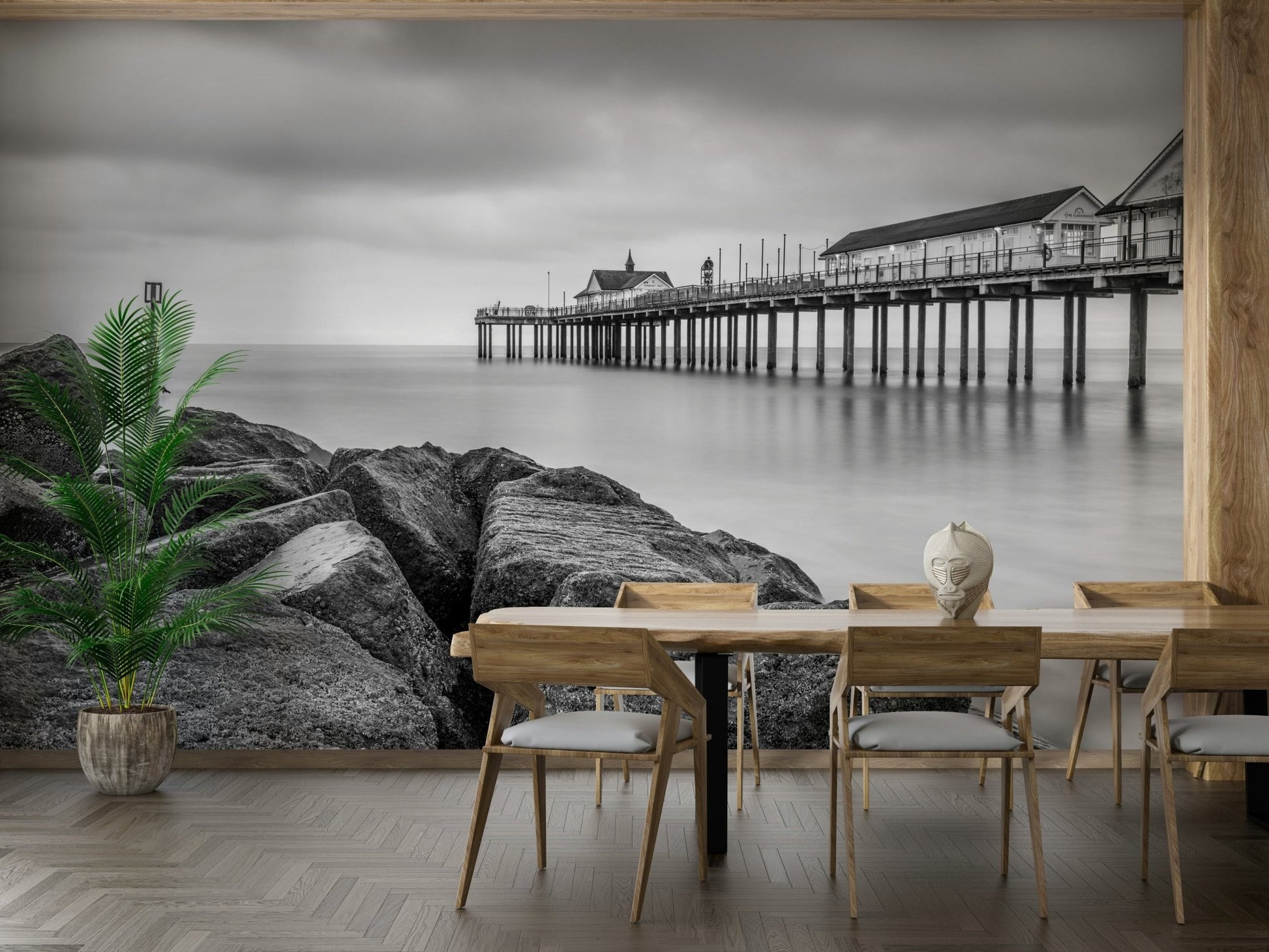 The design evokes a sense of peace, contemplation, and coastal grandeur.
