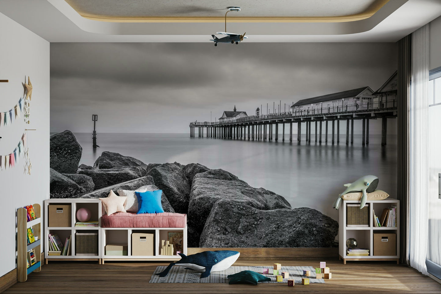 The style is photographic, with a focus on light, shadow, and texture in grayscale.
