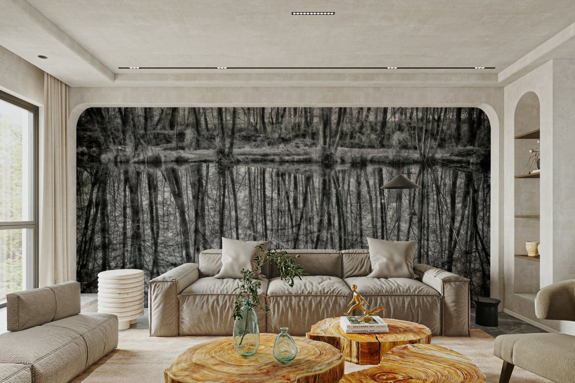 Tree silhouettes mural in monochrome
