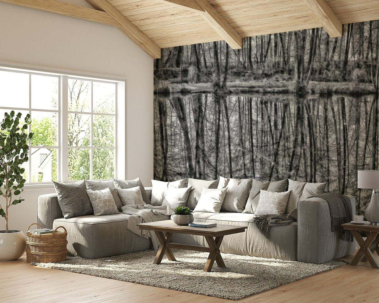 Grayscale tree reflection wallpaper
