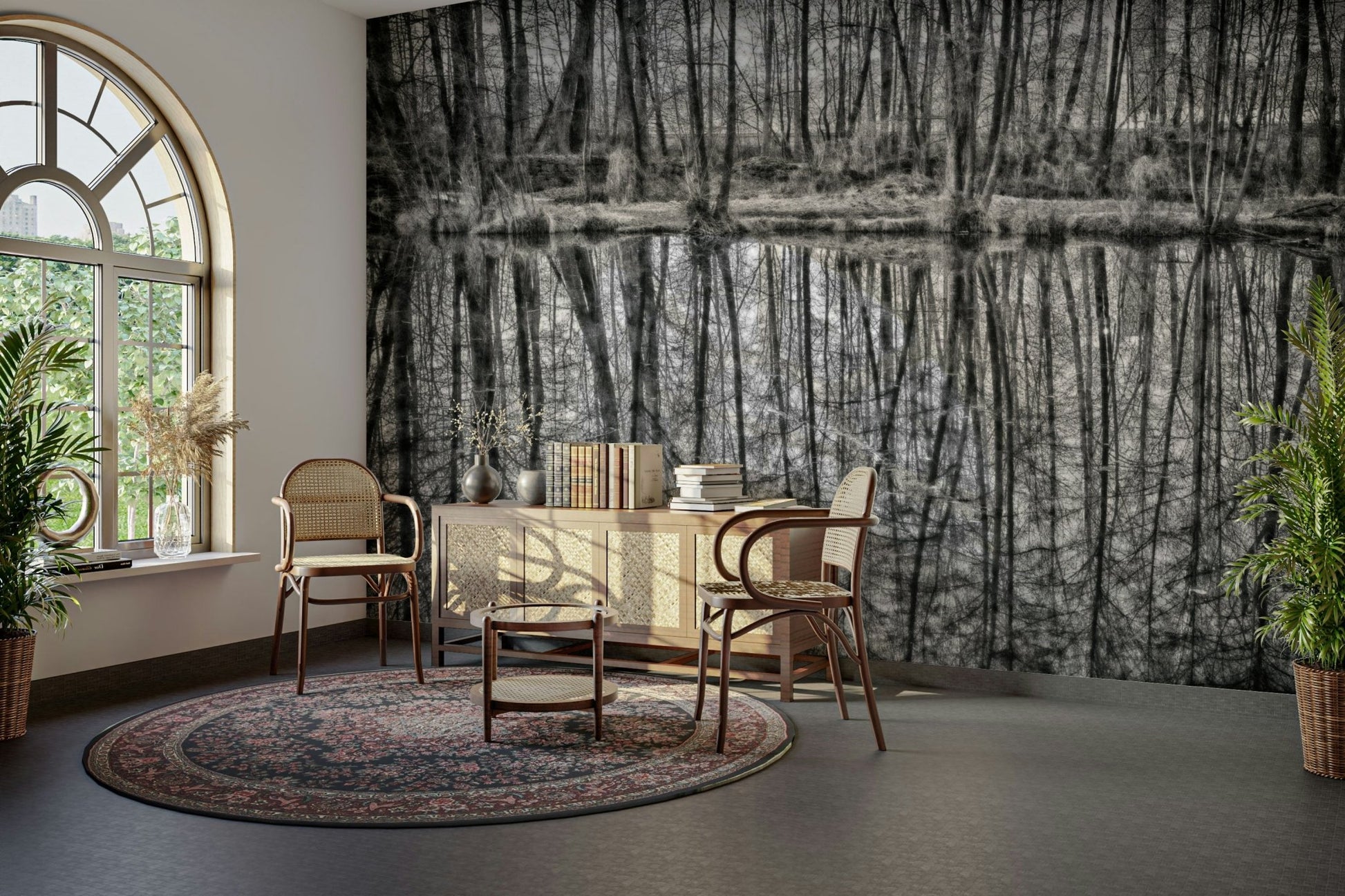 Quiet landscape black and white mural
