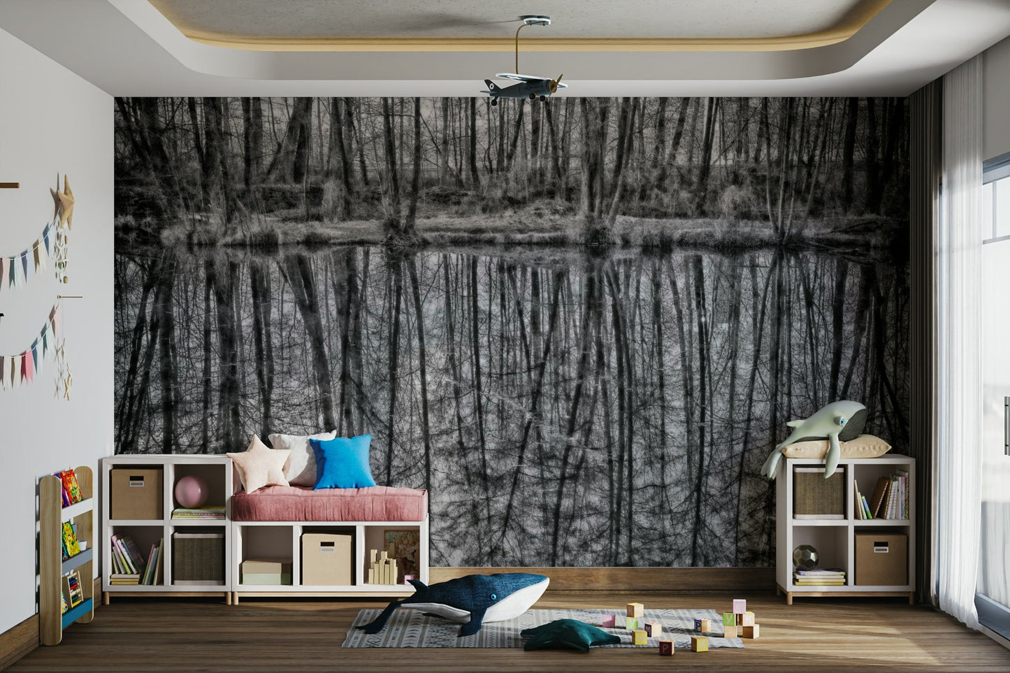 Black and white tree water scene
