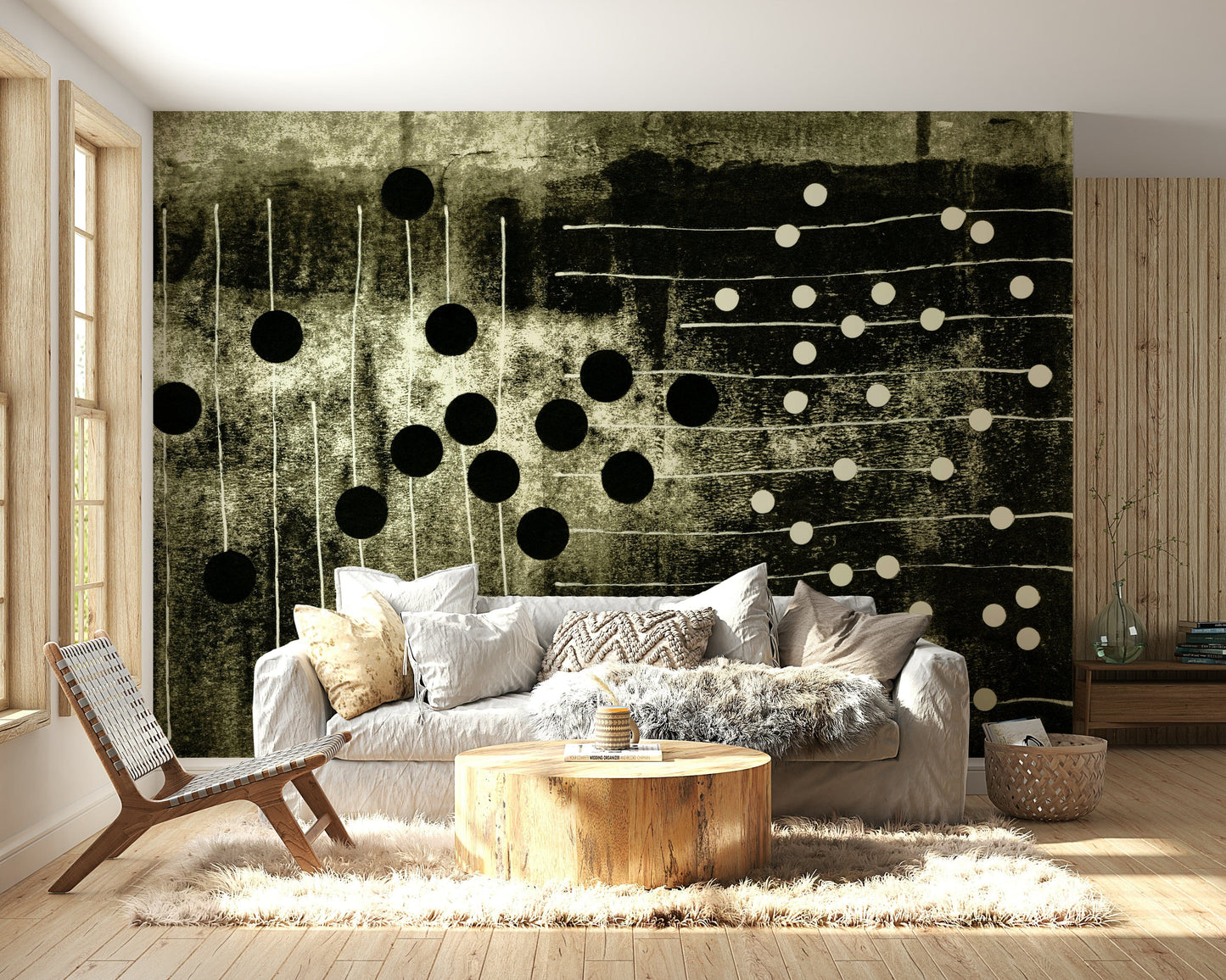 A peaceful monochrome abstract mural on decorative wallpaper.

