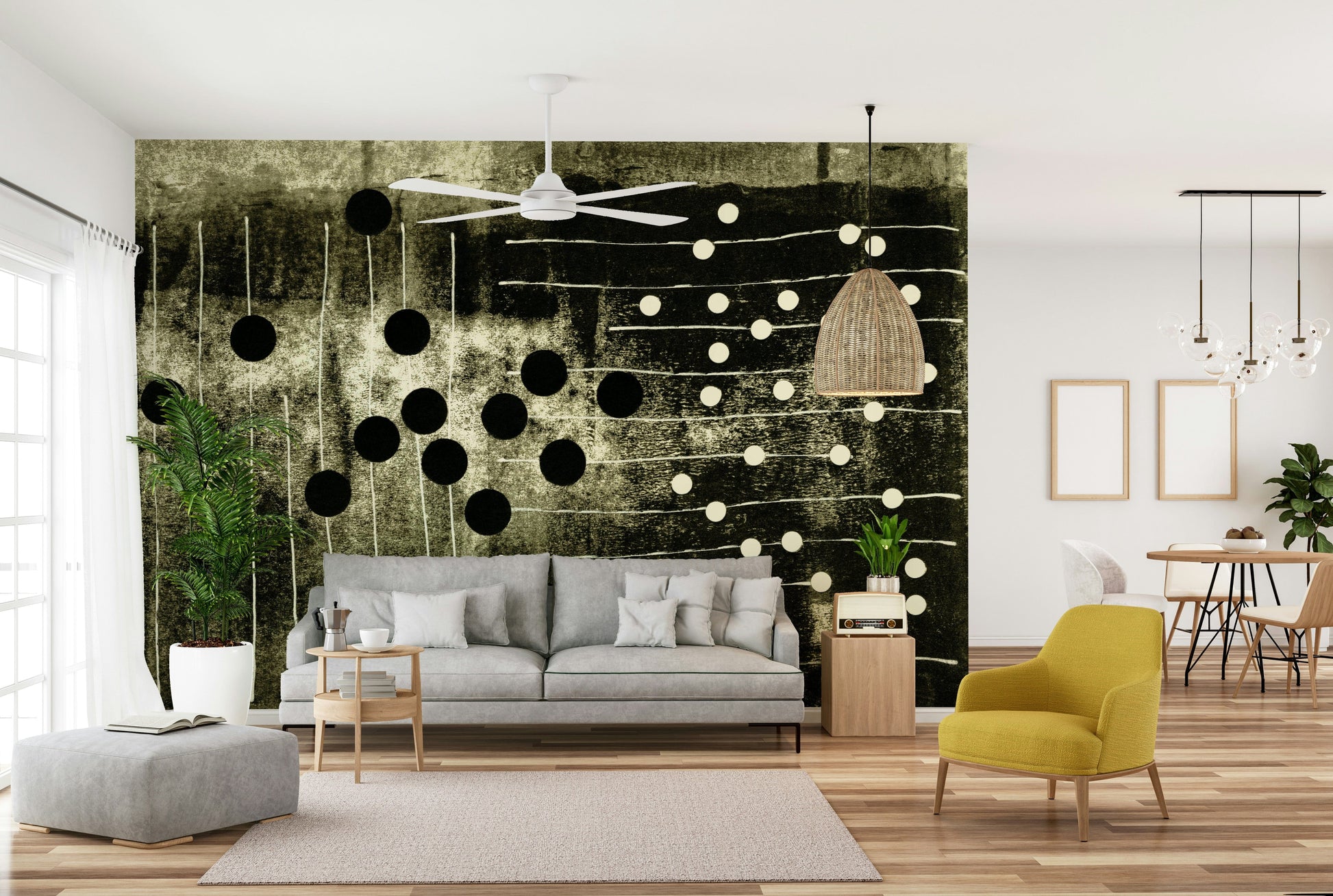 A beautiful monochrome wallpaper mural with abstract rhythms.

