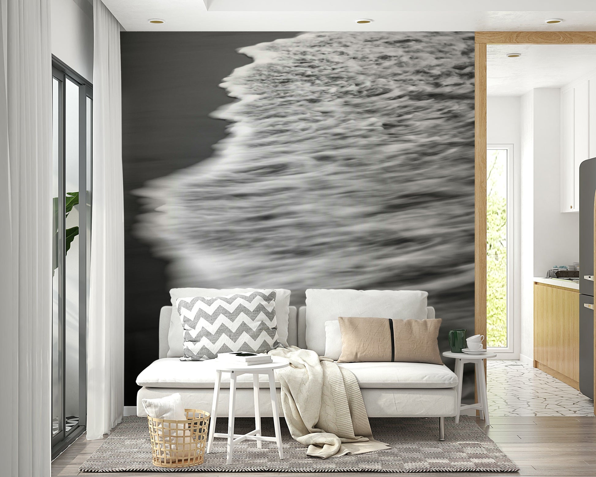 A photo of a Spirit Shorelines Wall Mural with a tranquil beach scene.