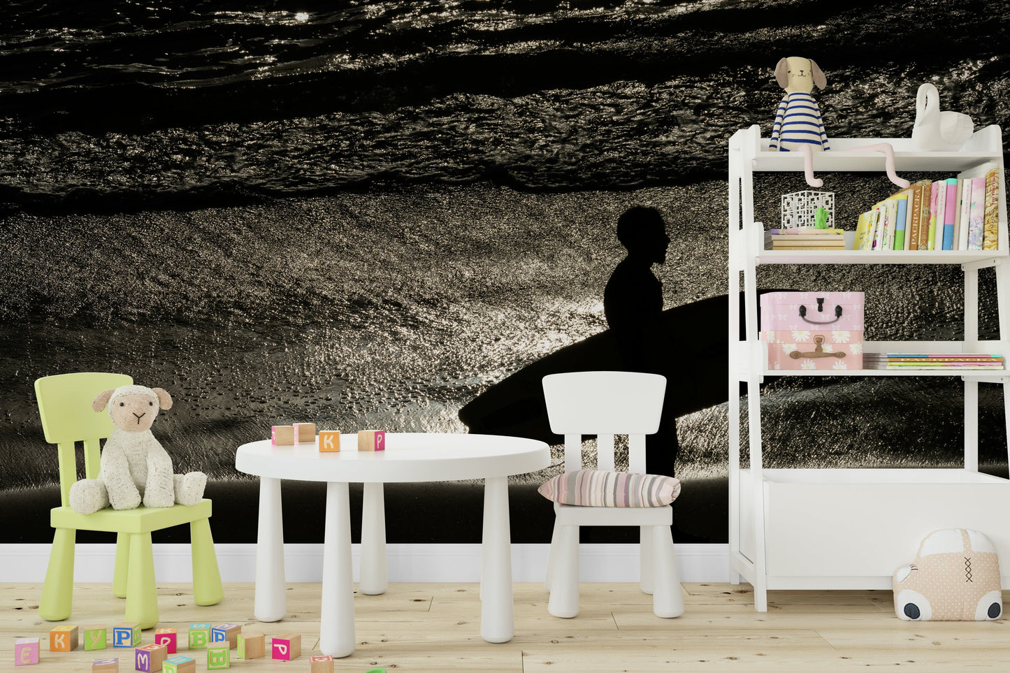 A minimalist interior with the ocean-themed wallpaper.

