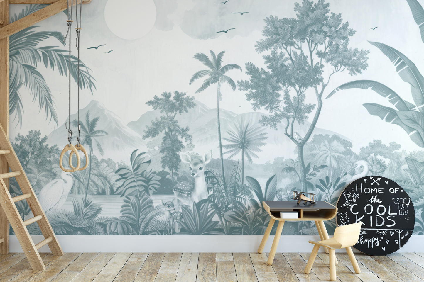 Palm tree wallpaper mural with exotic birds and animals
