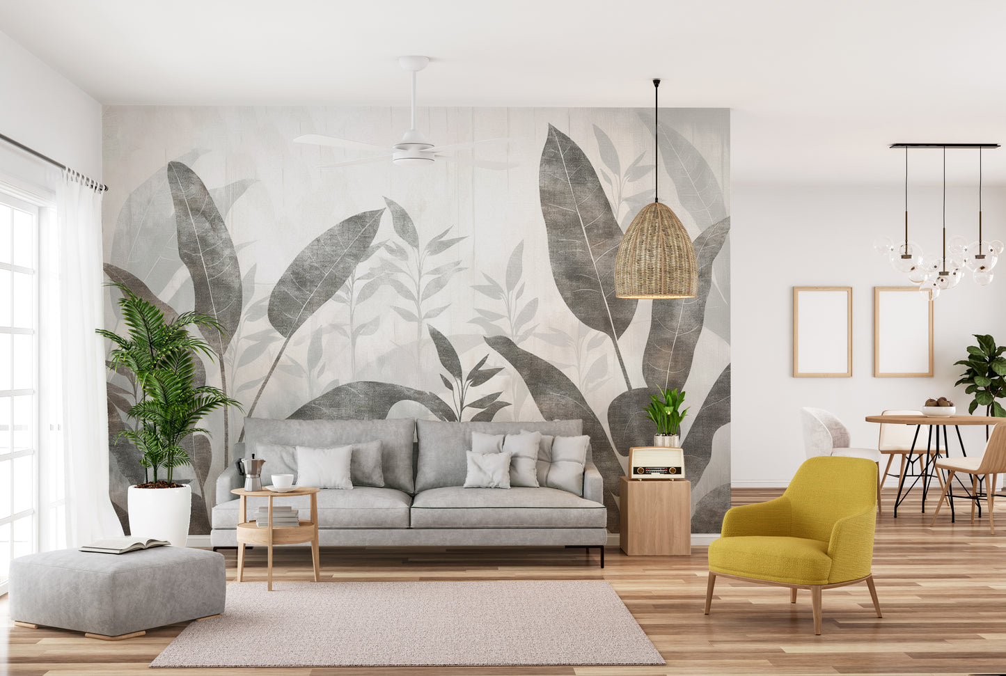 Monochrome Tropical Leaves Wall Mural-d154