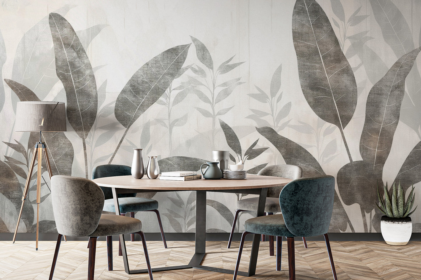 Monochrome Tropical Leaves Wall Mural-d154