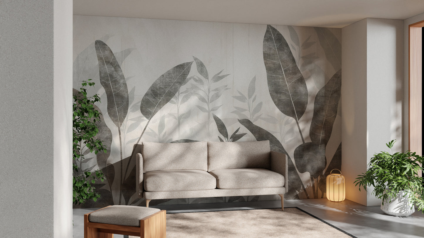 Monochrome Tropical Leaves Wall Mural-d154