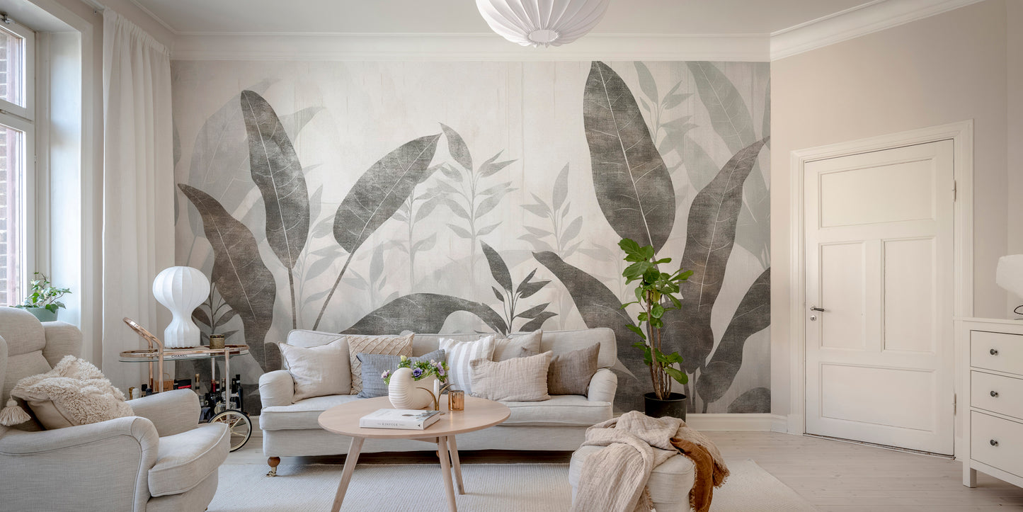 Monochrome Tropical Leaves Wall Mural-d154