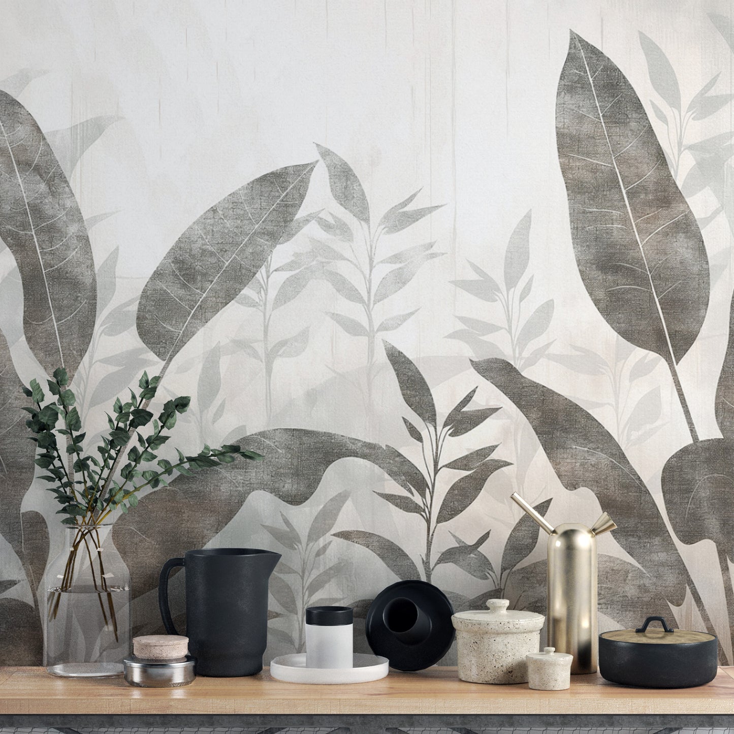 Monochrome Tropical Leaves Wall Mural-d154
