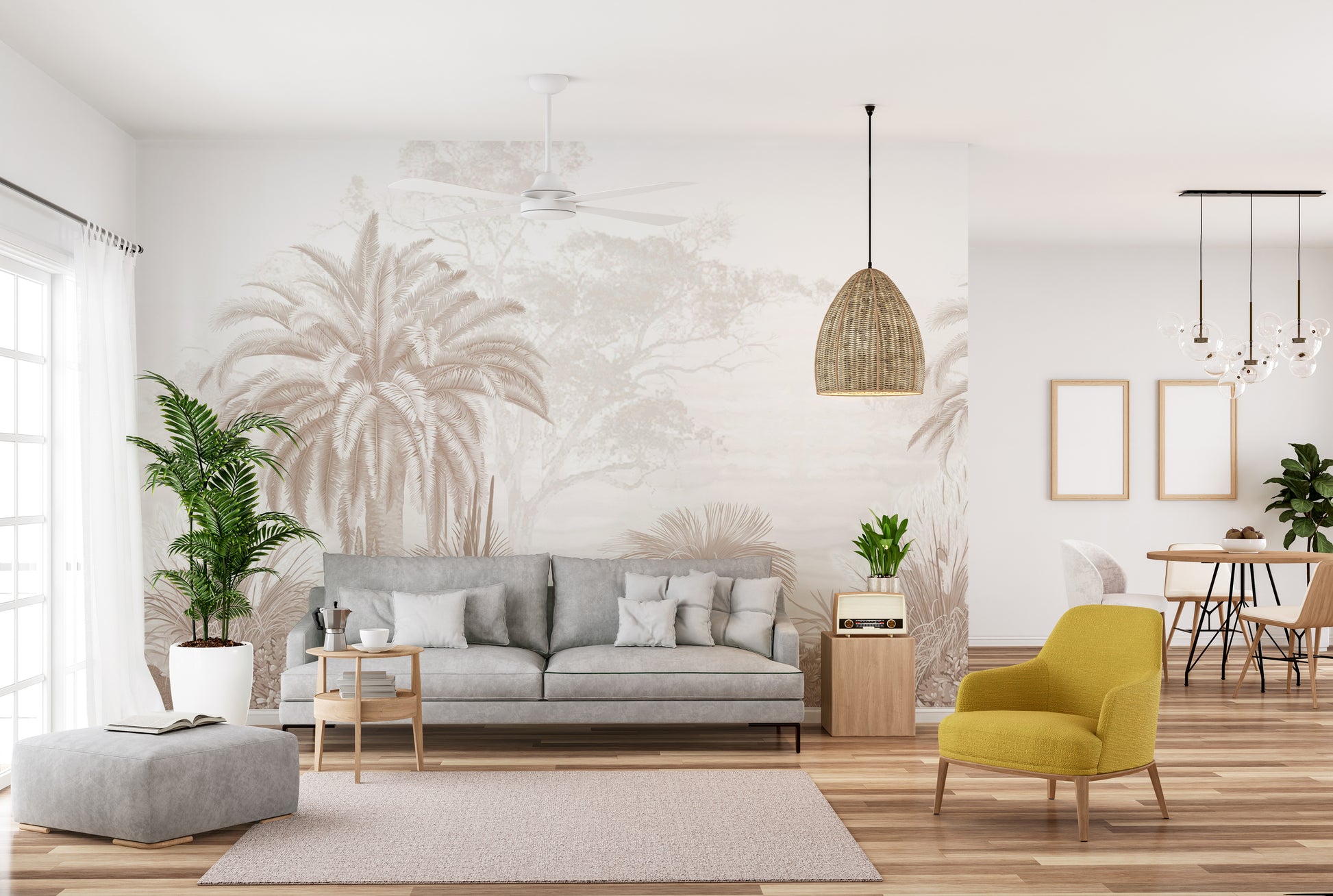 Neutral tone jungle wallpaper with foliage
