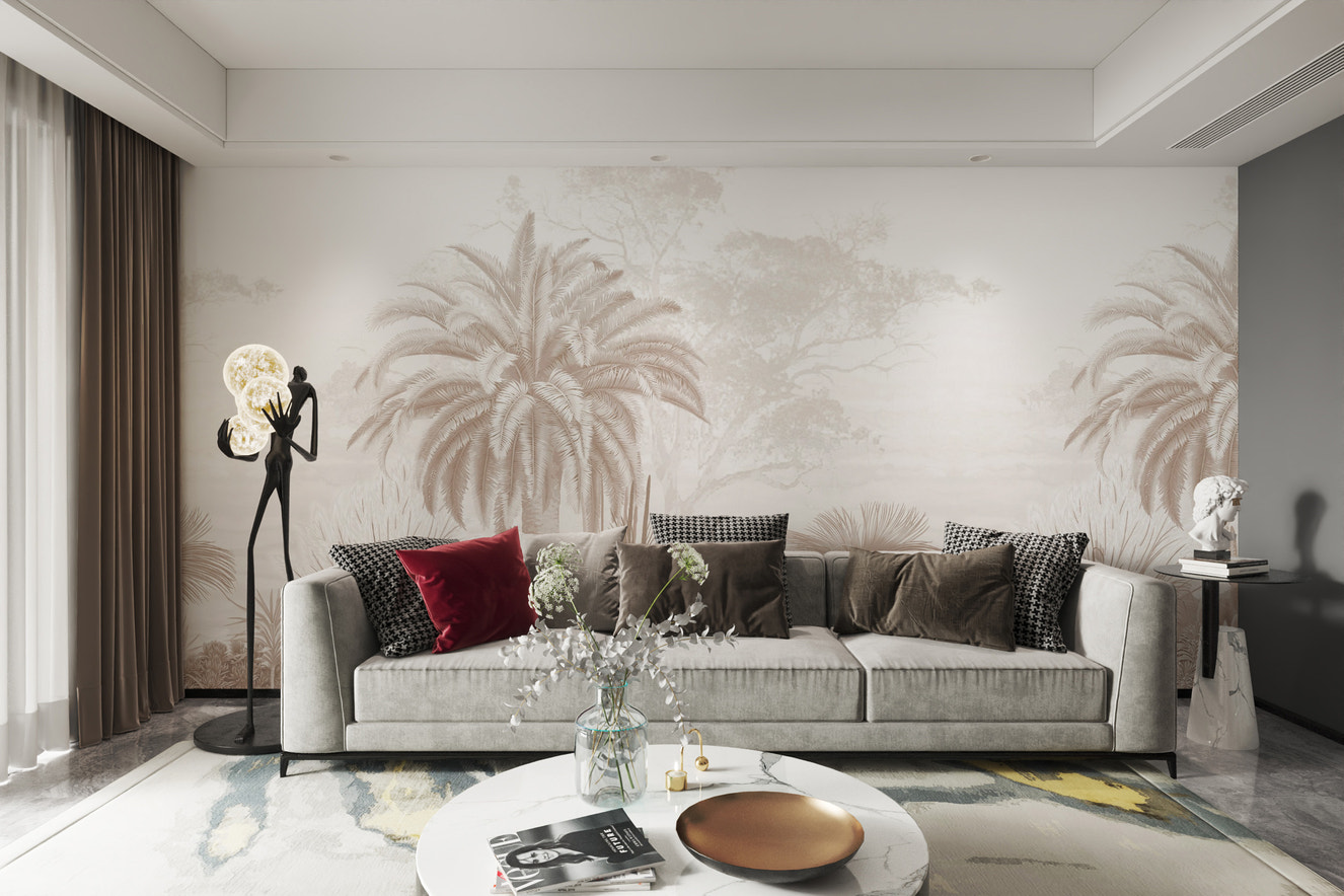 Monochrome tropical palm tree wallpaper design
