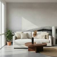 Wall mural depicting layered mountain vistas in grayscale tones for a calming effect.