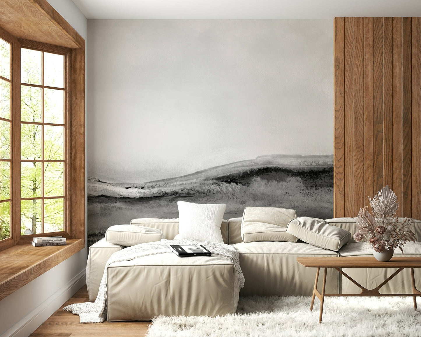 Monochrome Vista Wall Mural — striking grayscale scenery for modern and contemporary interiors.