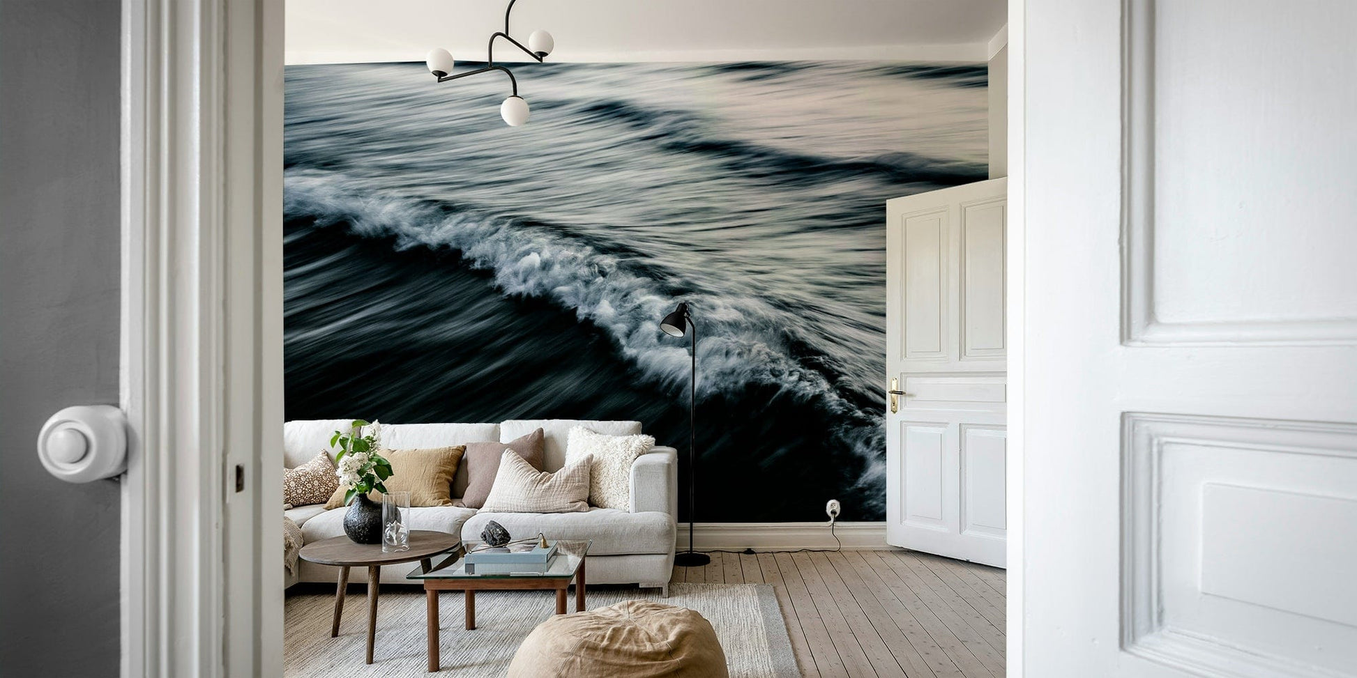 A calming water movement wallpaper mural that defines a space.

