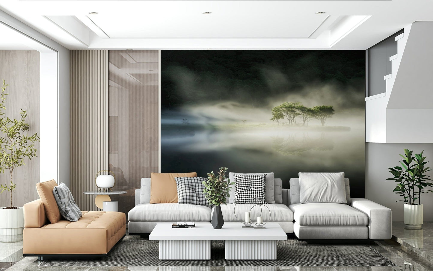 Monochrome Woodland Veil print, soft fog swirling around illuminated foliage.