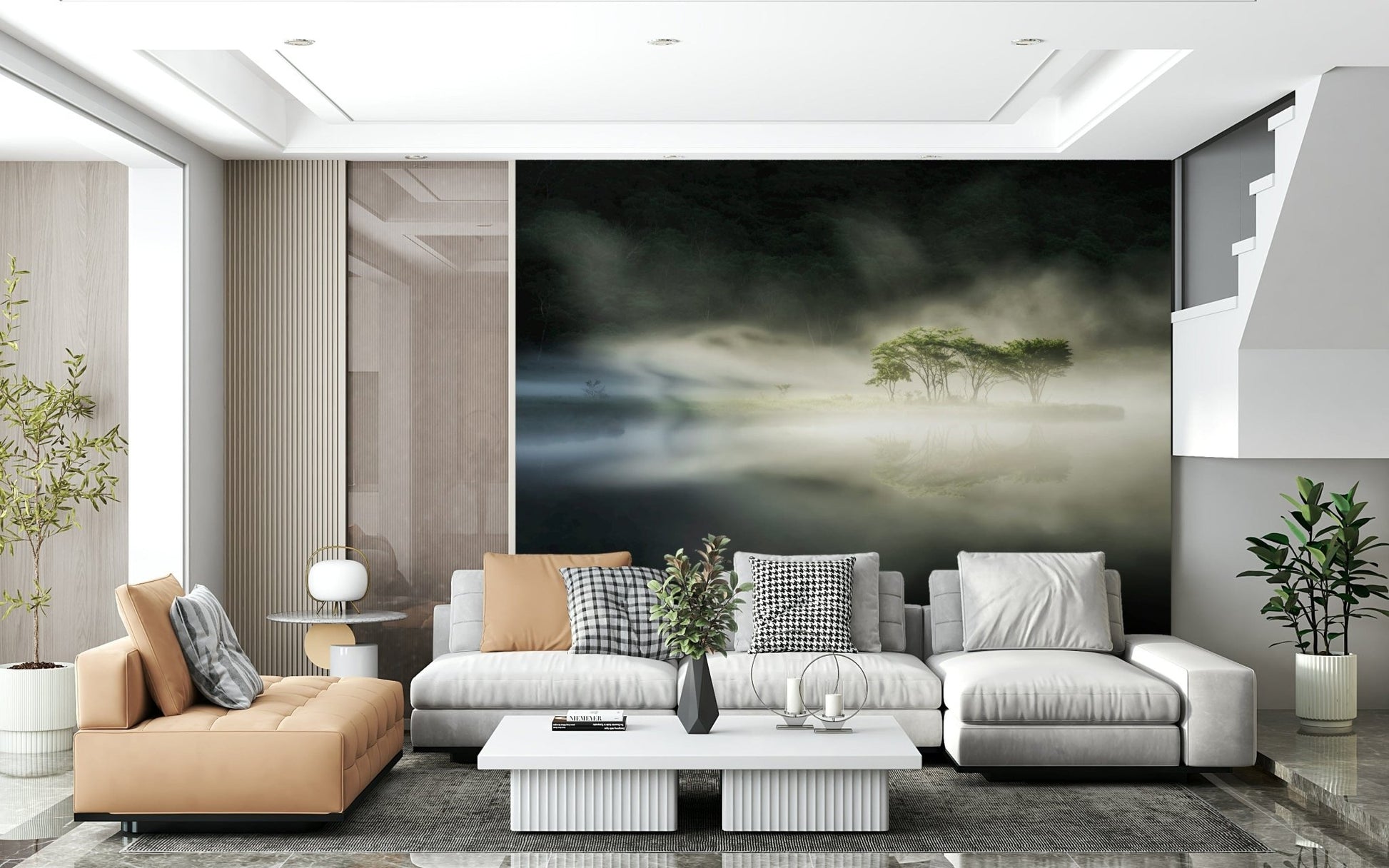 Monochrome Woodland Veil print, soft fog swirling around illuminated foliage.