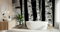 Monochrome Woods design, a stark forest mural for interiors.
