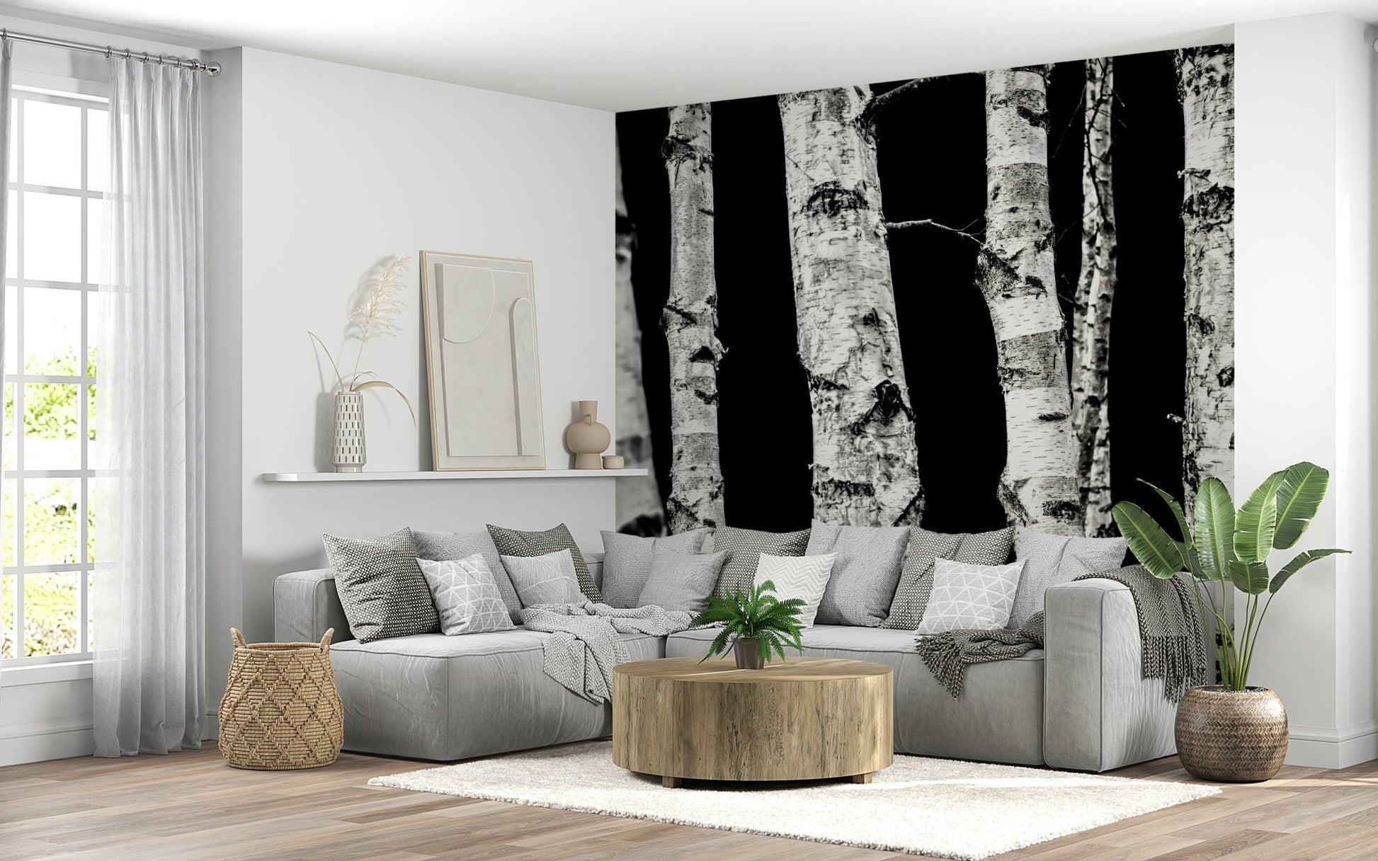 Bold black and white wallpaper with textured birchwood pattern.