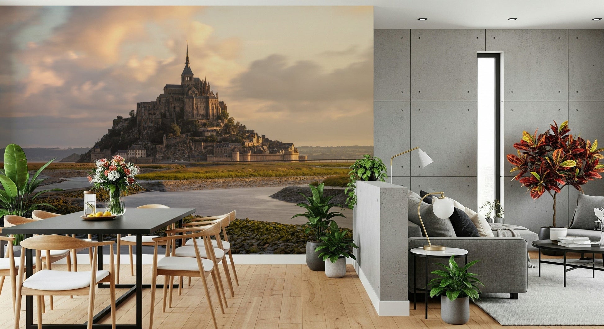 Mont Saint-Michel Dawn Wall Mural — peaceful early morning view of the historic island and abbey.