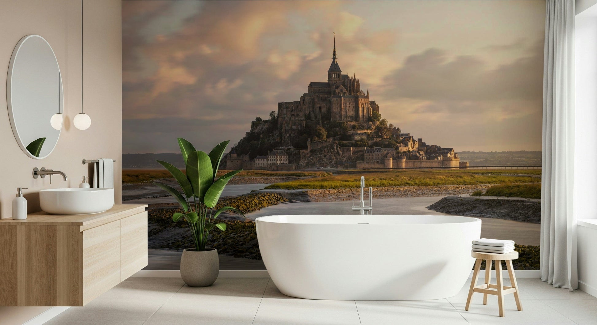 Wall mural with Mont Saint-Michel reflecting in calm waters at dawn.