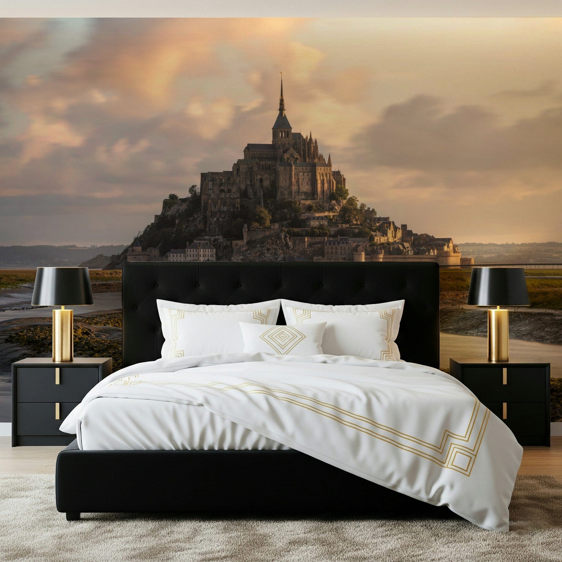 Mont Saint-Michel Dawn Wall Mural — tranquil sunrise over the tidal island and abbey.