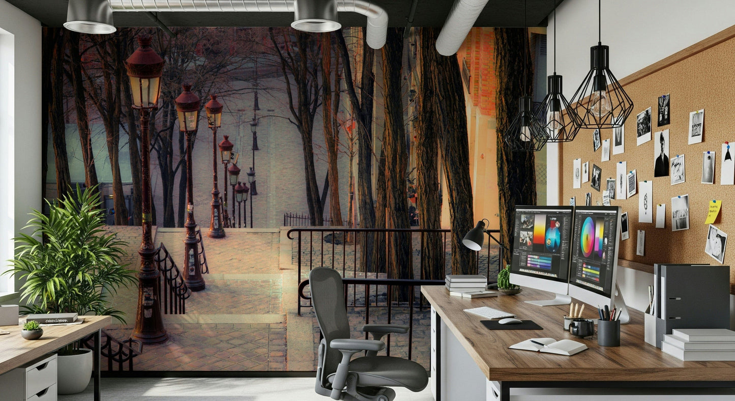 Montmartre’s Iconic Staircase Wall Mural in home office, neutral color, clean modern wall decor