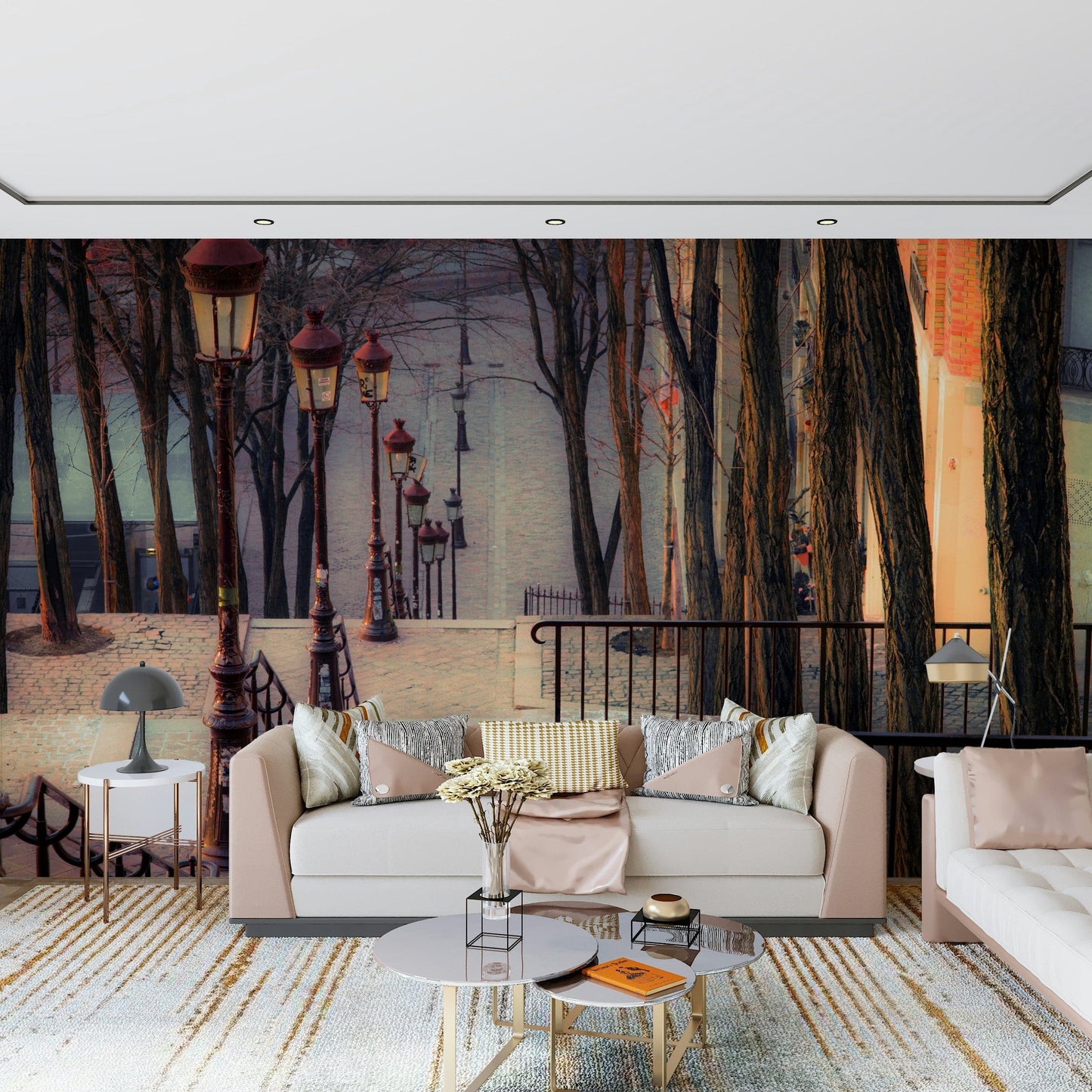 Montmartre staircase wall mural in modern living room, muted color Paris street art wall decor