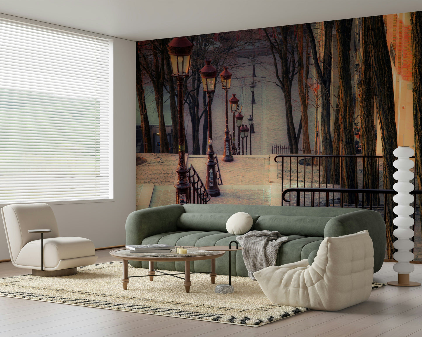 Paris Montmartre steps mural on bedroom feature wall, soft color palette, modern apartment decor