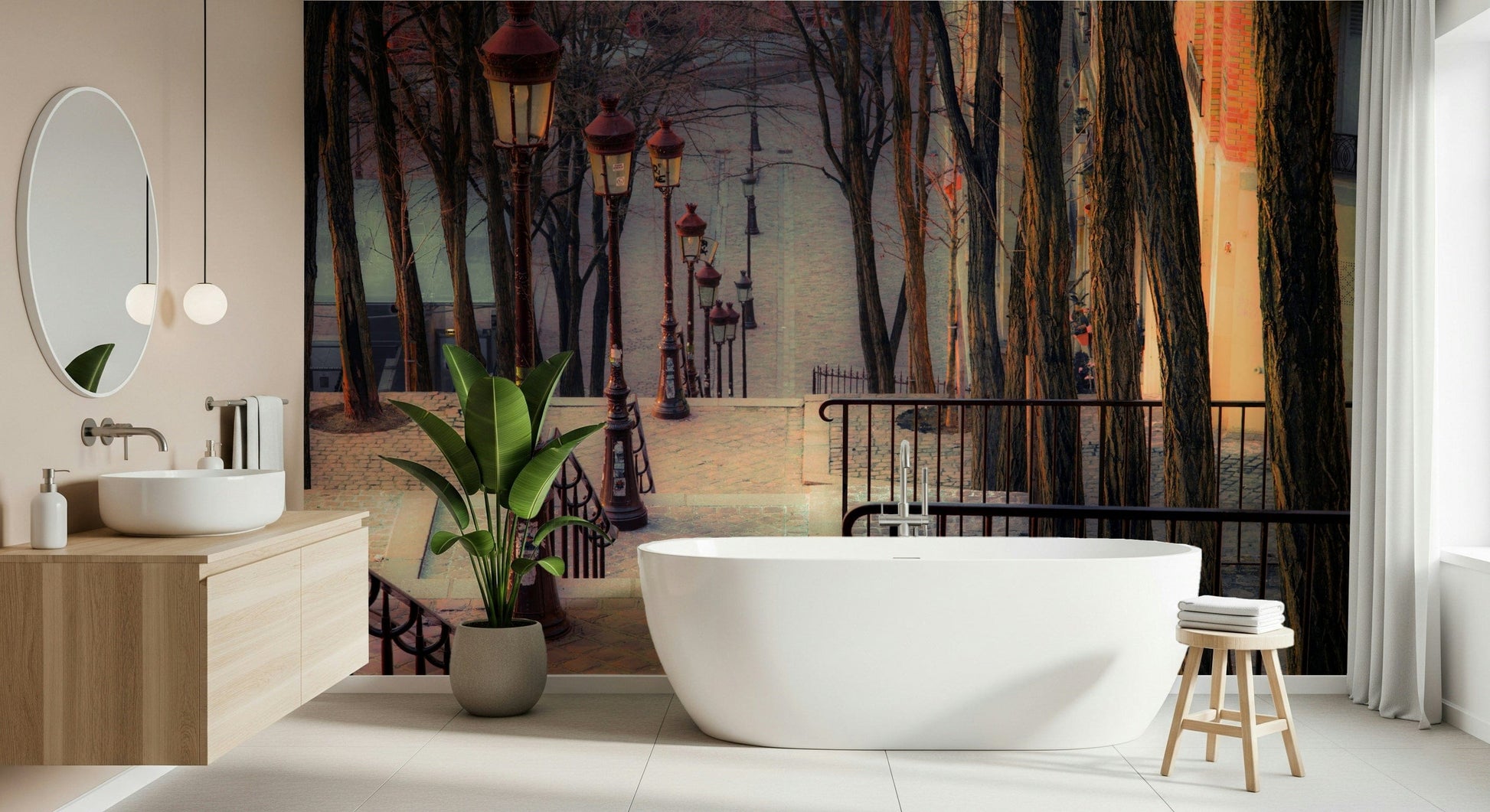 Paris staircase wall mural behind sofa, cozy living room, soft color, modern apartment wall decor