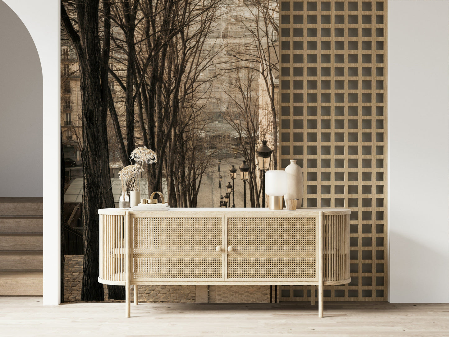 Paris Steps Wall Mural Empty avenue leading into the foggy distance.