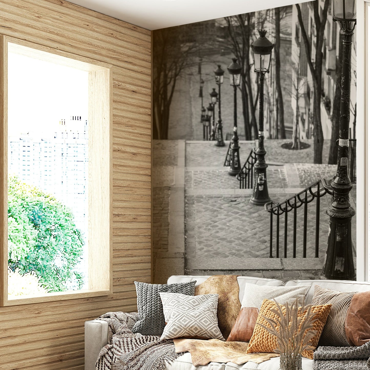 Paris Montmartre stairway wallpaper for creating a nostalgic room.

