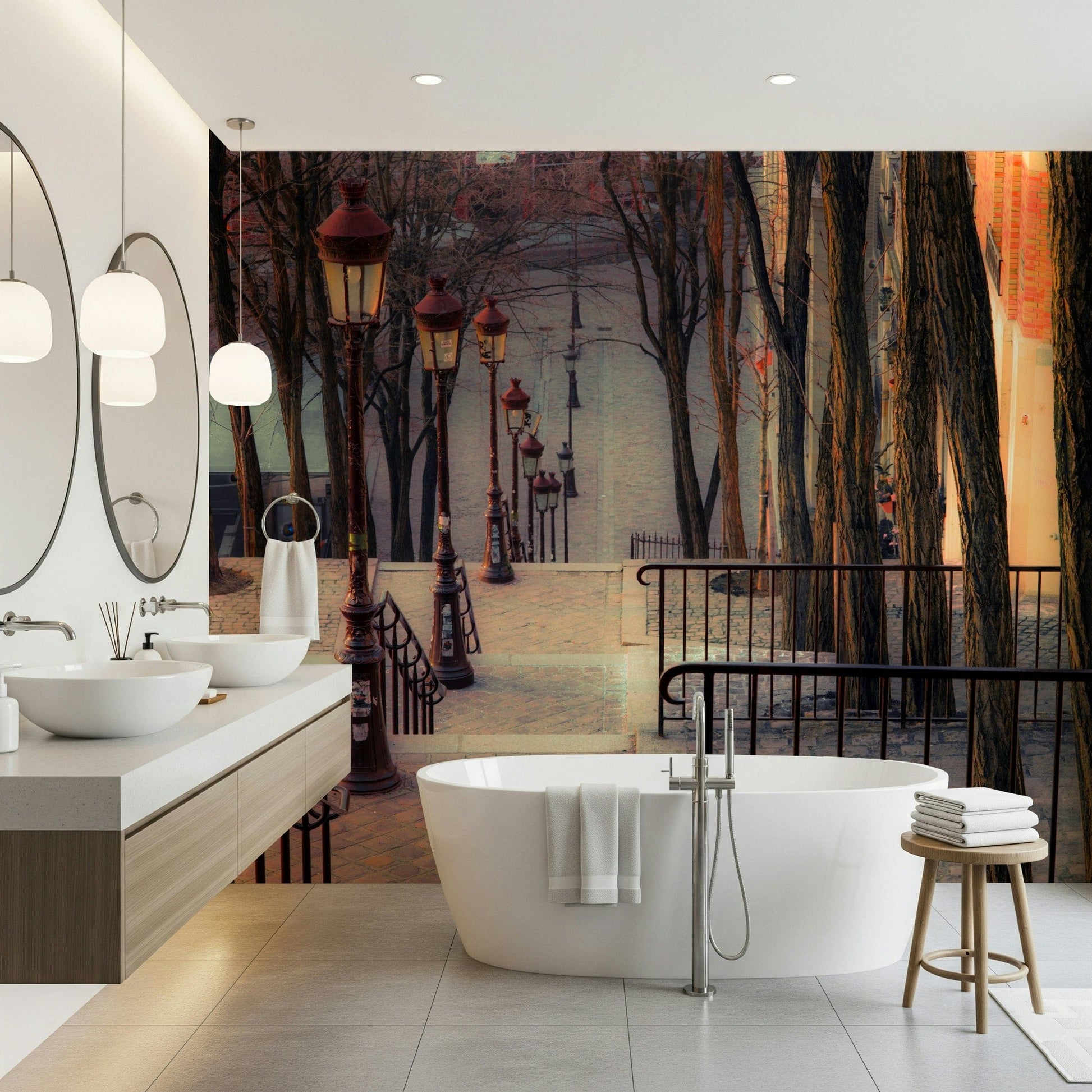 Scenic Montmartre stairs wallpaper mural in dining area, warm color tones, European street style