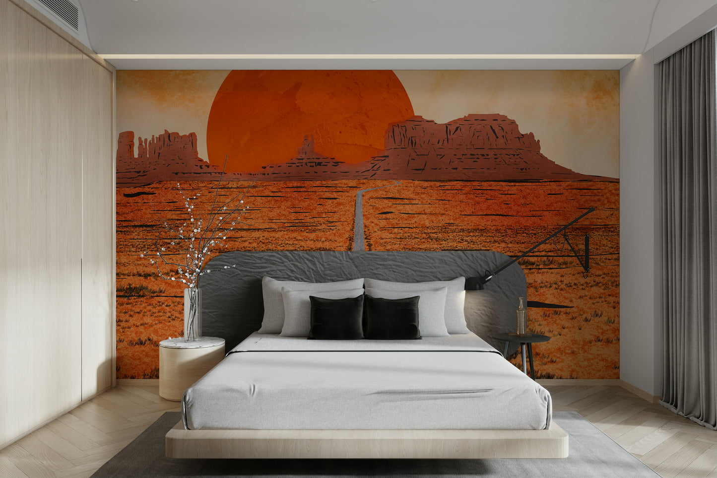Monument Valley Sunset Mural Wallpaper providing a scenic view in a small bedroom.