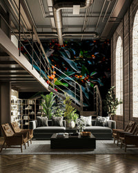 A beautiful orange and green wallpaper mural with dark tones.

