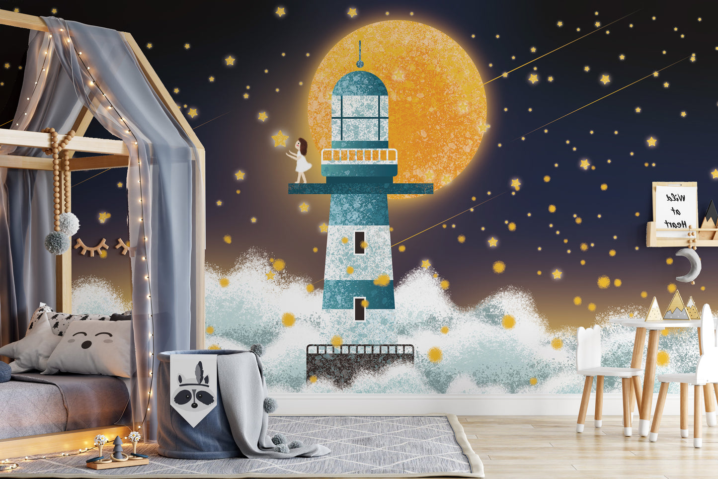 Starlit ocean waves mural with moonlight