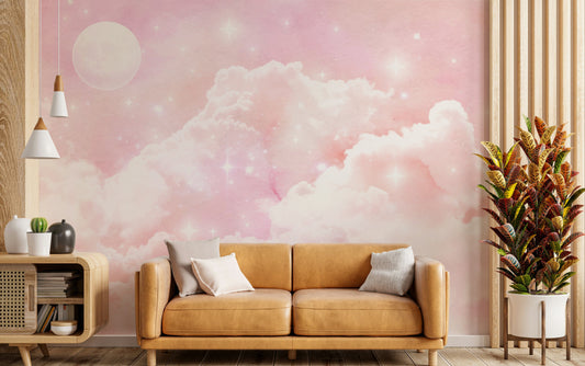 A peaceful wall mural with a serene night sky scene.

