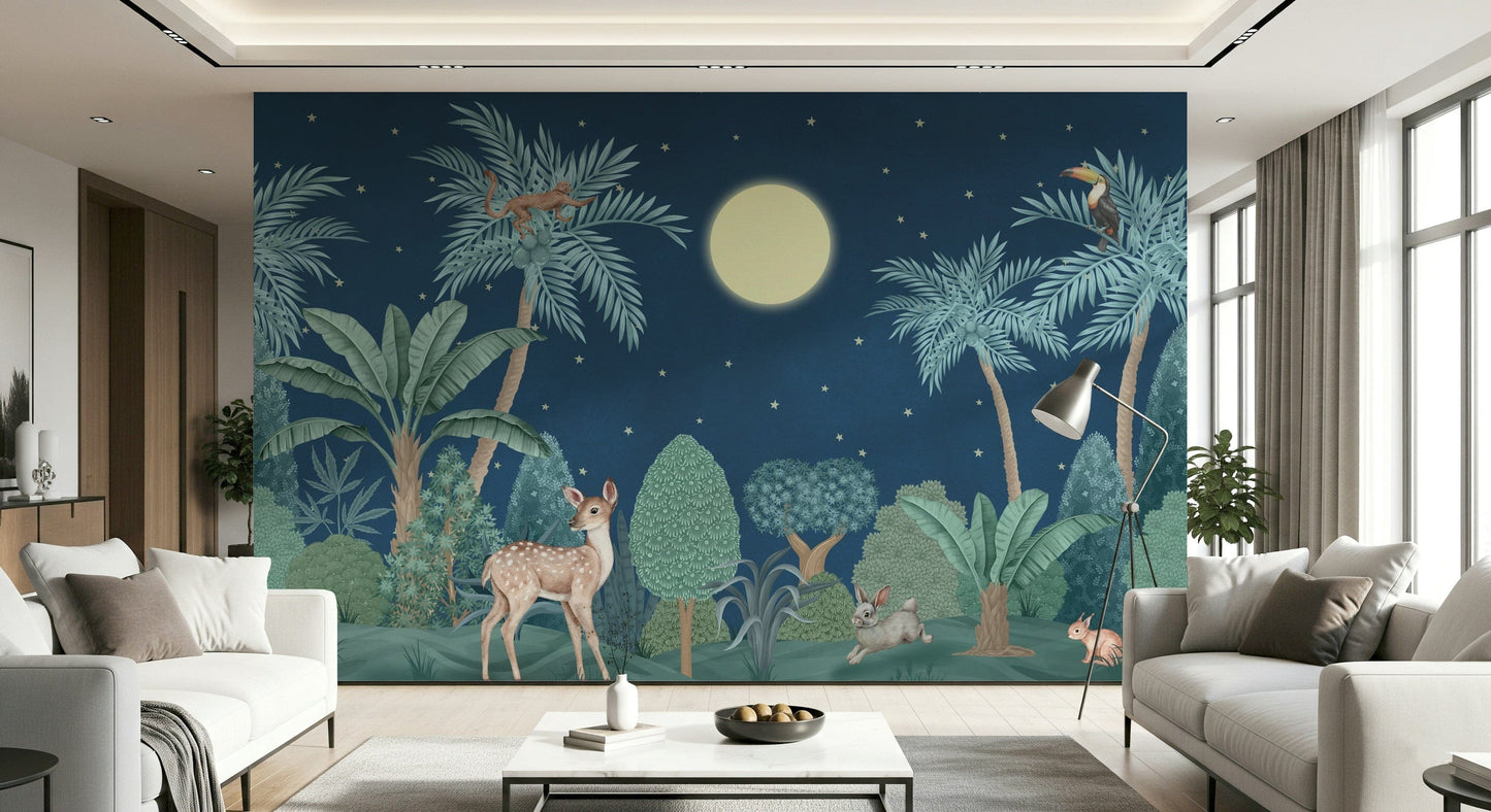 Moonlit jungle feature wall in dining room, rich color tones