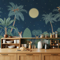 Moonlit jungle mural behind bed, modern bedroom wall decor