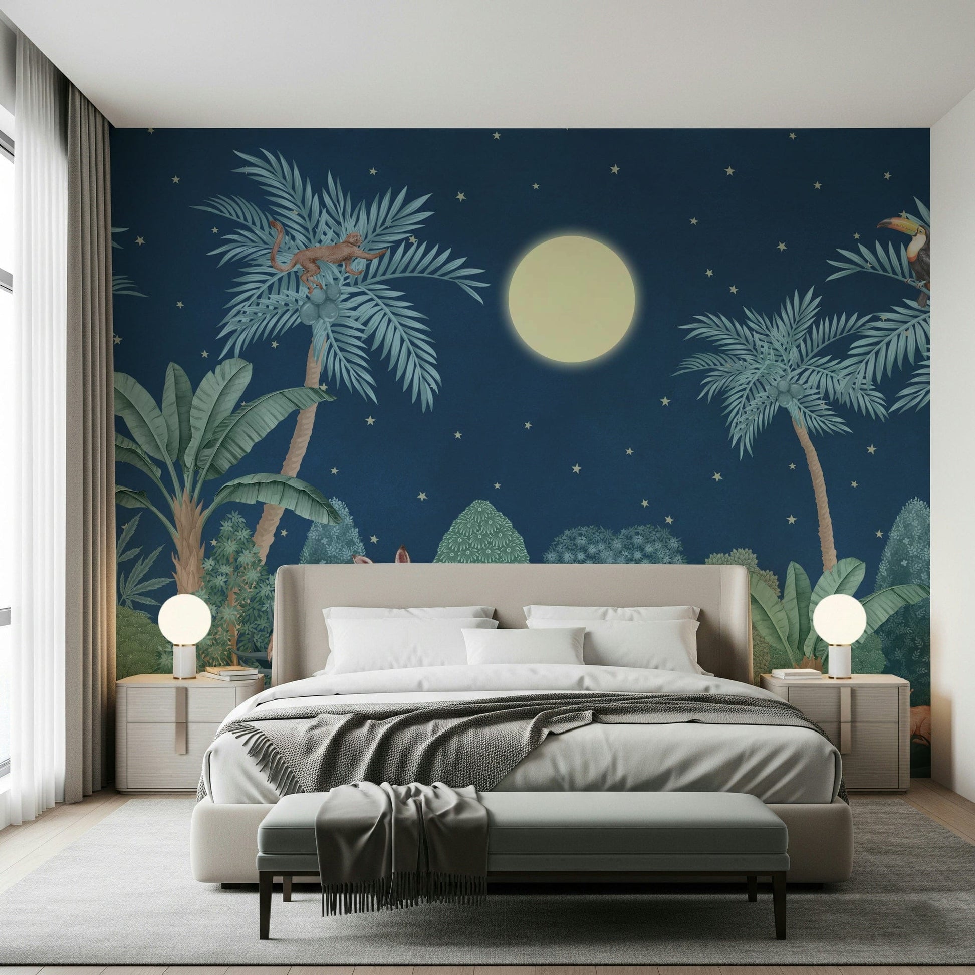Moonlit jungle mural in living room, deep modern color tones