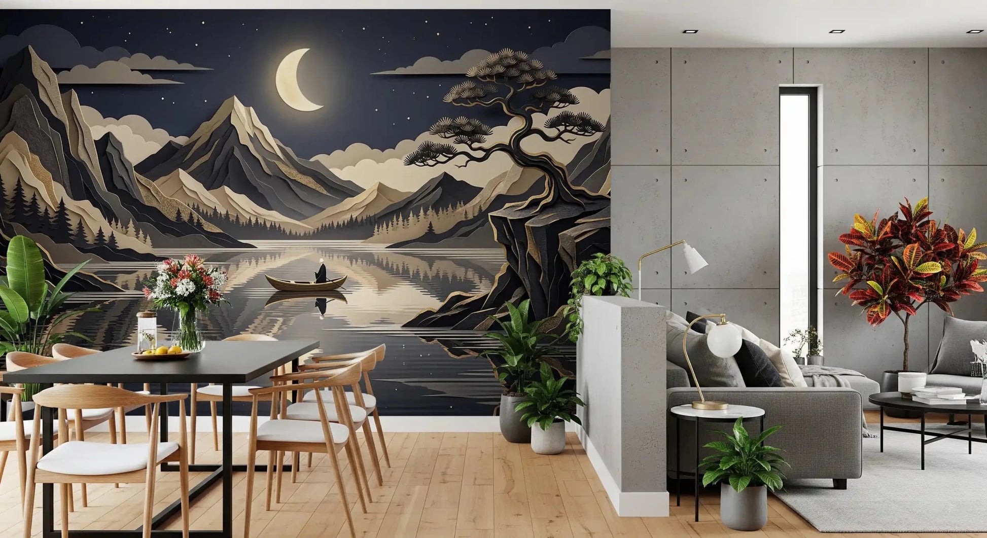 Dining room moonlit lake wall mural with layered peaks