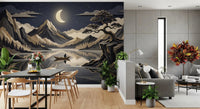 Dining room moonlit lake wall mural with layered peaks