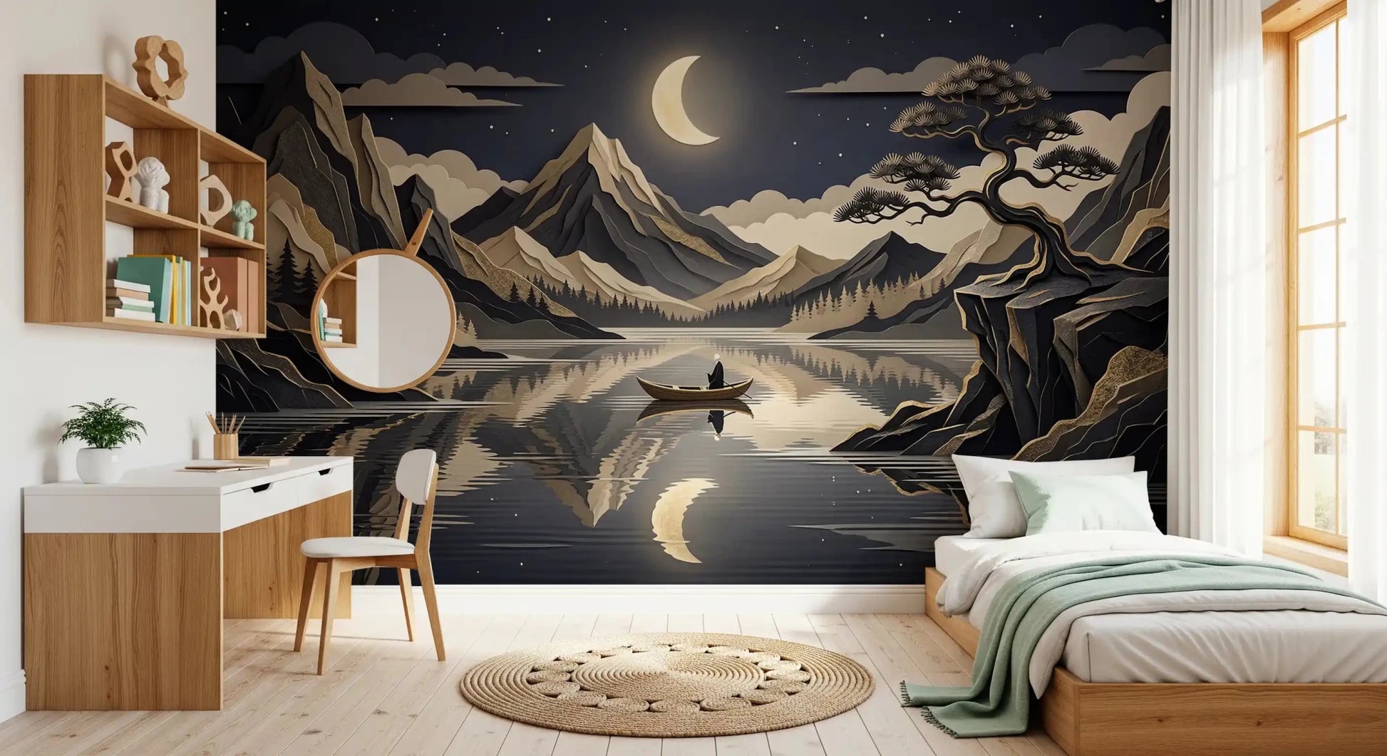 Moonlit Mountain Serenity wall mural with lake reflection