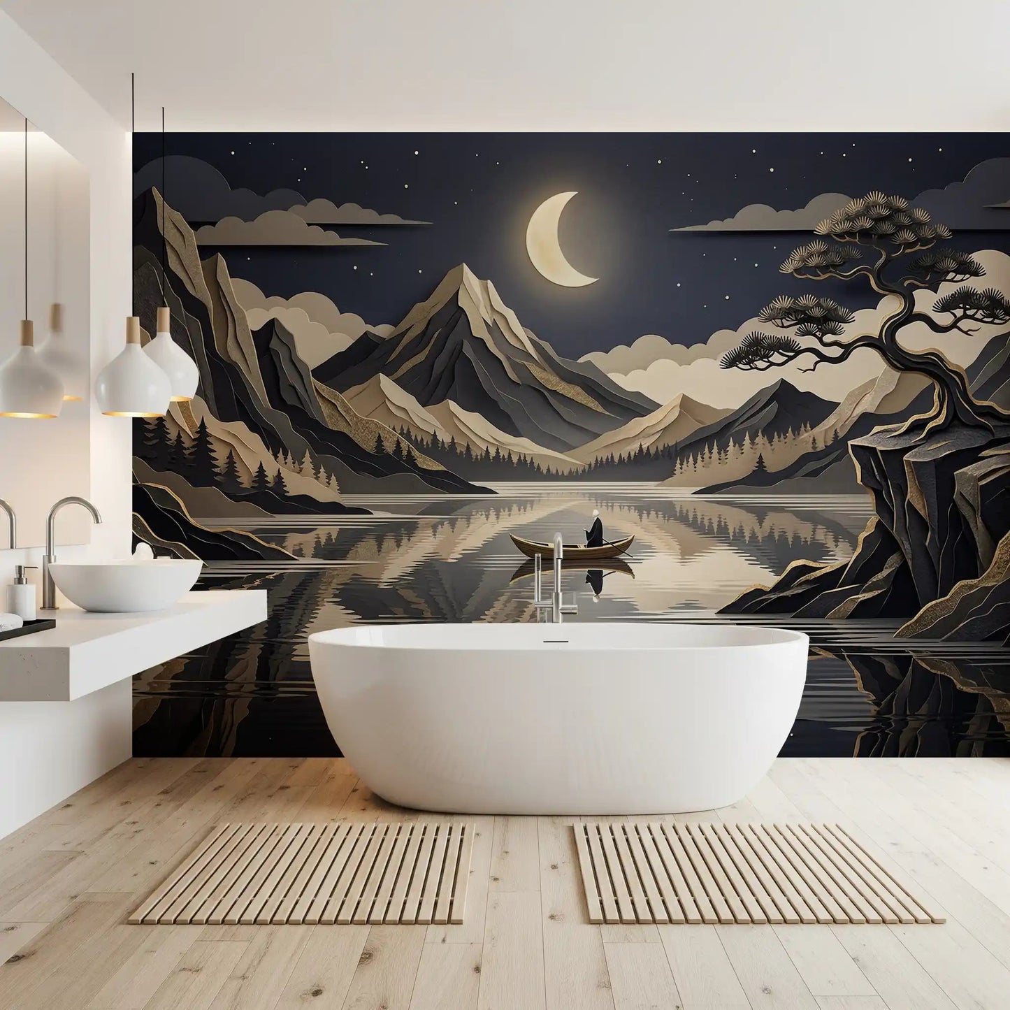 Lake reflection wall mural with mountains and moonlight