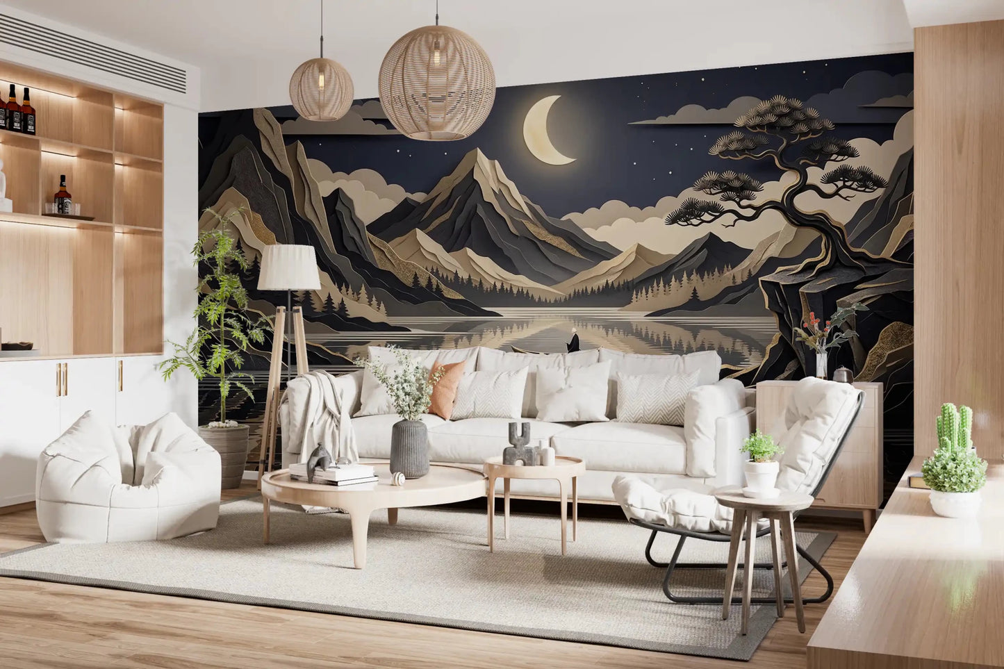 Mountain and lake wall mural with glowing crescent moon
